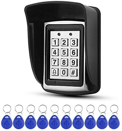 Gaocinys 125KHz RFID Metal Access Control Keypad + Waterproof Cover+10pcs 125KHz Blue Keyfobs for Door Entry System 1000 Users