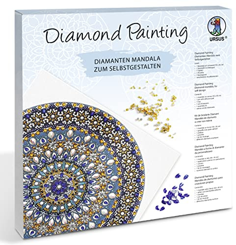 Ursus 43520002F - Diamond Painting Mandala Set 2, Bastelset mit Steinchen in blau, weiß und gelb, 1 Leinwand 30 x 30 x 1,5 cm