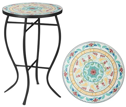 Outsunny Runder Gartentisch Mosaik Beistelltisch mit Metallbeinen für Patio Terrasse Balkon 35,5x35,5x35,5x53,5 cm Türkis