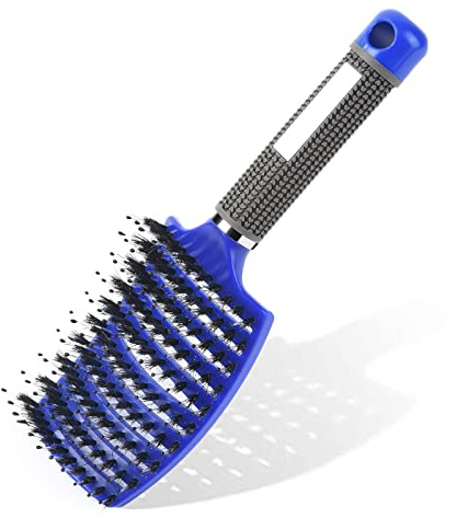 URAQT Haarbürste, Profi Entwirrungsbürste mit Griff, Haarbürste ohne Ziepen, Wildschweinborsten Haarstyling Bürste für Locken Lange Feine Dicke Lockige Haare (Blau)
