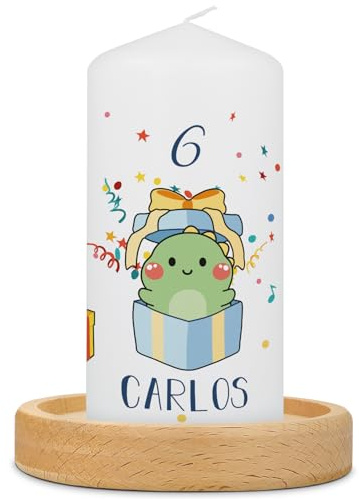 GRAVURZEILE Bedruckte Kleine Kerze - Geburtstagskerze Dinosaurier - Personalisiert mit Name & Alter - brilliant bedruckte Kerze mit Dinos - Geschenk für Mädchen & Jungen zum Kinder Geburtstag