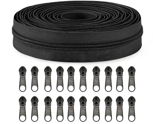 Sawoake #5 Nylon Coil Zippers by The Yard Bulk 10 Yards with 20pcs Zipper Sliders for DIY Sewing Tailor Craft Bag Garment Home Textile…(Black)