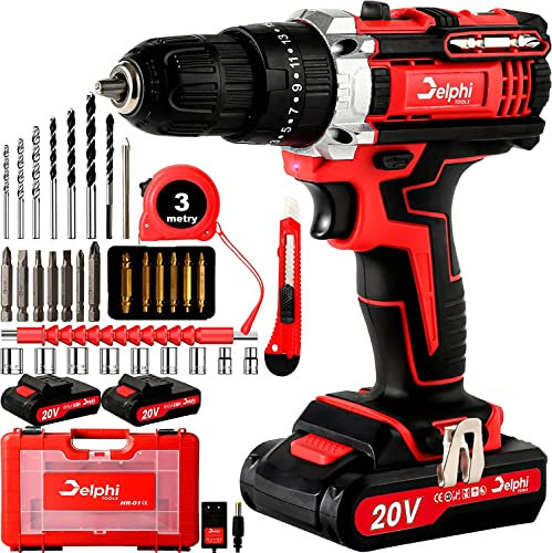 Delphi Akkuschrauber 20V Mit 2 Akkus und Ladegerät, Drehmomentkontrolle, Variable Geschwindigkeit, Akkuschrauber Klein, Akku- & Bohrschrauber, Akku Bohrmaschine, Schlagbohrfunktion