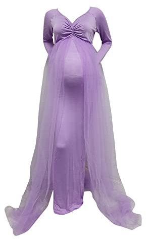 SoLu DAY8 Robe Maternité Grossesse Shooting Photo Tulle Col en V Manches Longues Robe Femme Enceinte Grande Taille Pas Cher Chic Et Elegant Mariage Ceremonie Soiree Cocktail