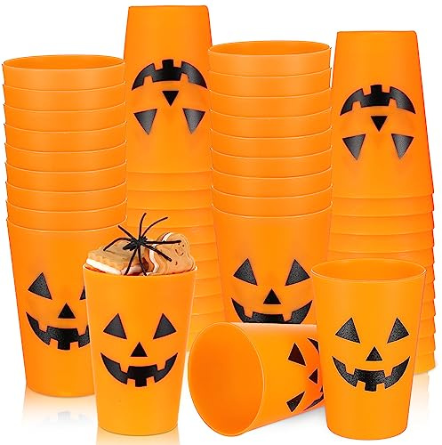 Dandat 48 Pcs Halloween Pumpkin Design Plastic Cups - Reusable Jack O Lantern Cups for Adults Kids Drinks Coffee Juice Party Supplies 8.8 oz