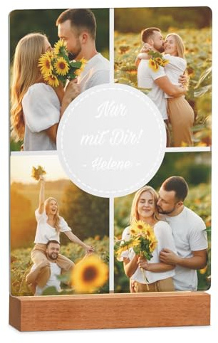 Maverton beleuchteter LED-Rahmen mit eigenem Foto - personalisiertes Acrylglasbild mit Holzständer mit LED-Beleuchtung - Glasfoto für Frauen zum Geburtstag - Größe: 21x32x4,5cm - Glück