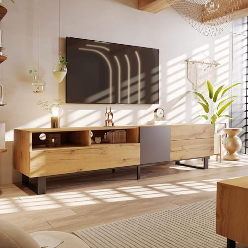 HYUB TV Lowboard, für unter 75-Zoll-Fernseher, TV-Schrank mit 2 Offene Staufächer und 2 Schublade, Moderner TV Sideboard, Fernsehschrank für Wohnzimmer und Schlafzimmer, Natur, 180x33x50cm