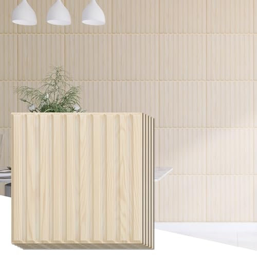 KASARO 3D-Wandpaneele, 50 x 50 cm, PVC, geriffelt, strukturiert, für Innenwanddekoration, Holzlamellenverkleidung, Klebebeschichtung, dekorative Fliesen für Wohnzimmer, Schlafzimmer, Holz, Beige, 12