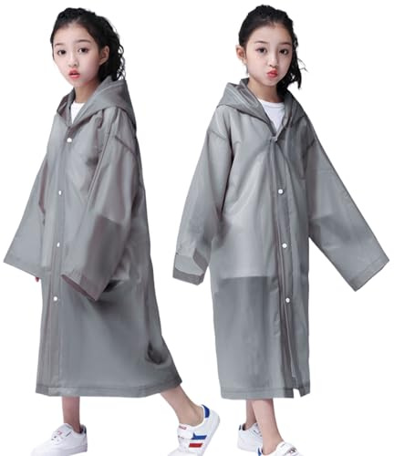 RUISHYY Kids Rain Poncho, Reusable EVA Children Raincoat for 6-13 Girls Boys, Waterproof Rain Jackets Rainwear with Hood (Grey x2)