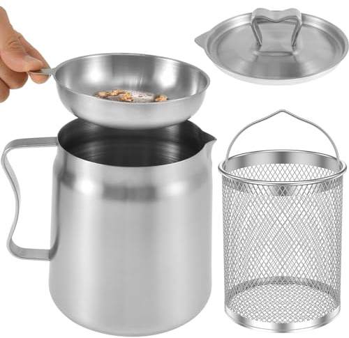 Oil Filter Pot Bacon Grease Container with Strainer 1.5L/2L Stainless Steel Oil Dispenser Oil Container for Kitchen Pot Fat Storage Can with Lid Handle Rustproof for Frying Oil Cooking Grease(1.5L)