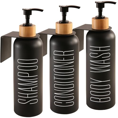 Raddile 3er Seifenspender Wandbefestigung Ohne Bohren, 500ml Shampoo Flaschen zum Befüllen, Seifenspenders Schwarz, Seifenspender Dusche mit Bambuspumpe für Küche Bad
