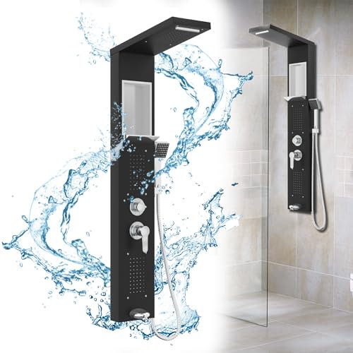 HENGMEI Pannello doccia in acciaio inox spazzolato, colonna doccia con 5 modalità doccia, set doccia a torre con doccia a pioggia, doccia a cascata, soffione a mano (nero)