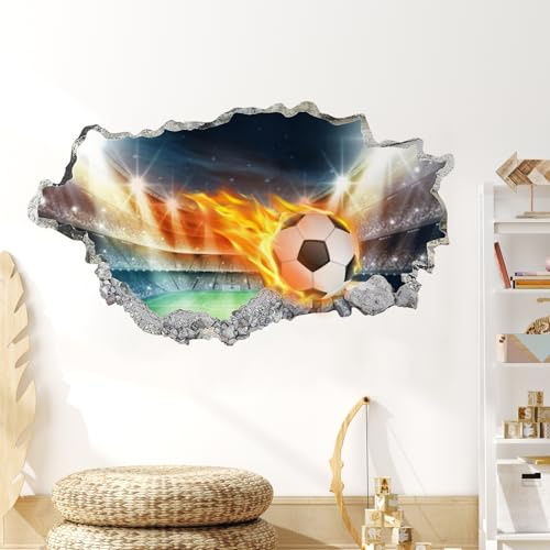 YunBey 3D Fussball Wandsticker, Durchbruch & für Kinderzimmer | Fußball Wandtattoo, großes Set 68x39 cm, selbstklebend, für Jungen Schlafzimmer, Deko, abnehmbar, hochwertiger 3D-Effekt