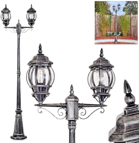 HOFSTEIN Kandelaber Lentua, Außenwegeleuchte aus Metall/Glas in Schwarz/Silberfarben/Klar, Wegeleuchte im Vintage/Antik/Landhaus-Design für Garten, Außenbereich, Hof, Höhe 216 cm, 2 x E27, IP44