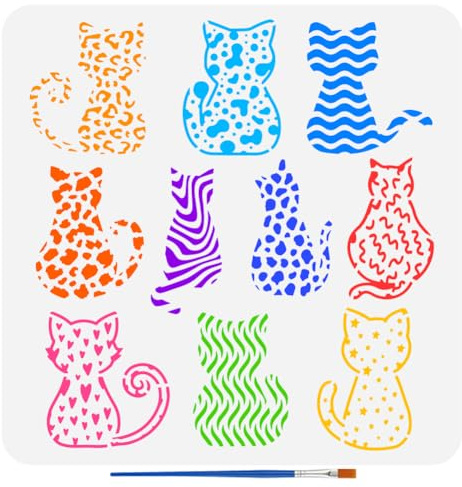 FINGERINSPIRE Plantilla de vista trasera de gatos, 30 x 30 cm, plantilla de silueta de gatos con pincel de pintura, reutilizable, línea de puntos, estrella de amor, plantilla con estampado de