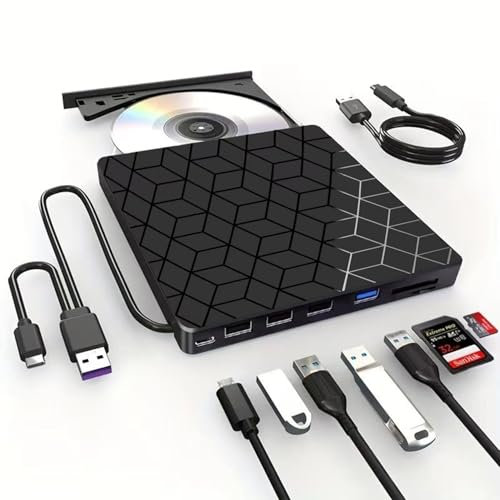 vvia External CD DVD Drive, Ultra Slim CD Burner USB 3.0 with 4 USB Ports and 2 TF/SD Card Slots, Optical Disk Drive for Laptop Mac, PC Windows 11/10/8/7 Linux OS MacBook iMac Desktop PC Player