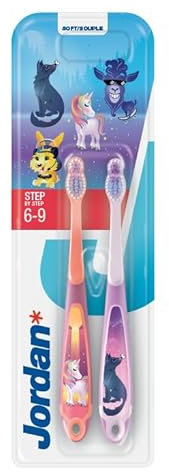 Jordan ® | Step 3 Toothbrush for Children | Toothbrush for Ages 6 to 9 Years | Soft Bristles, Double Ergonomic Handle & BPA-Free | Pink | Pack of 2