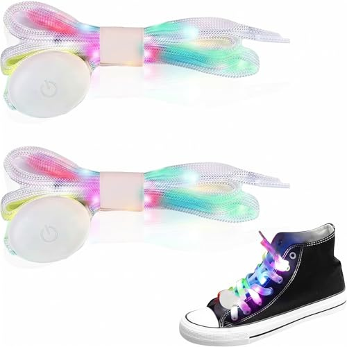Yootiko 1 Paar Leuchtende LED Schnürsenkel Glitzer 120 cm, Neon Bunte Regenbogen Schnürbänder mit 3 Lichtmodi, Party Accessoires für Sportschuhe & Freizeitschuhe
