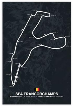 Poster sur toile Spa Francorchamps F1 Track - Décoration pour chambre à coucher, bureau, chambre - Cadeau sans cadre - 30 x 45 cm