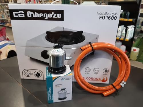 Hornillo de Gas Portátil FO 1600, Triple Corona, Encendido Piezoeléctrico, Blanco, con Regulador y Manguera de 1,5 m