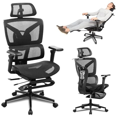 RIEIOR Bürostuhl Ergonomisch mit Fußstütze, 5-D verstellbare Armlehnen, bequemer drehbarer Computer-Schreibtischstuhl, Netzgewebe mit Lordosenstütze, verstellbare Sitztiefe, Rollen für Zuhause, Gaming