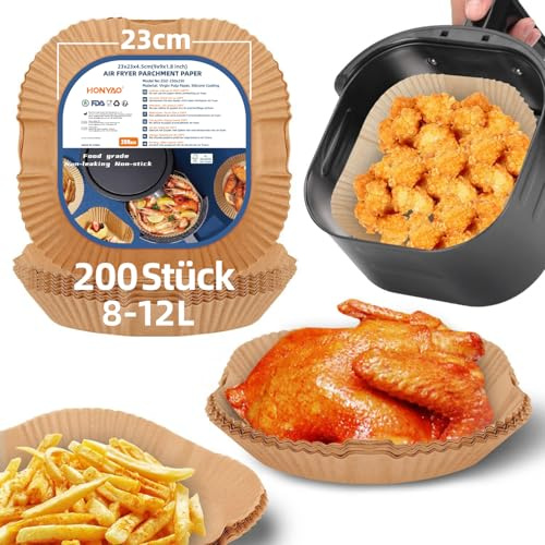 HONYAO Airfryer Bakplåtspapper, 23x23cm non-stick-engångsbruk Papper Liner för Luftsfritös 8-12 L, 200 stycken Fyrkant Pergamentpapper Bakpapper Tillbehör för Russell Hobbs Princess Euary Air Fryer