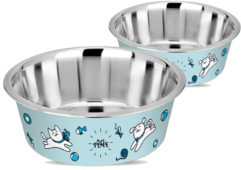 HAPPINESQUE Stainless Steel & Plastic Dog Bowls | Cat Bowls (Set of 2) - Anti Skid Dog Water Bowl | Cat Water Bowl - Dishwasher Safe - 13oz / 400ml – 12.3cm (Pale Turquoise Playtime Print)