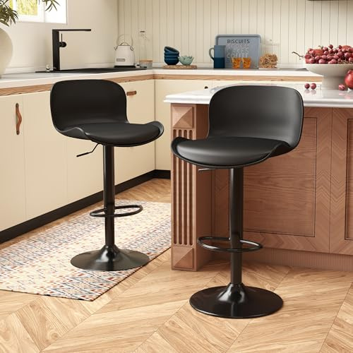 Flysky barstol set om 2, höjdjusterbar modern barstol i PU-läder med fotstöd, köksstolar med ryggstöd för matsal, köksö, pub, svart