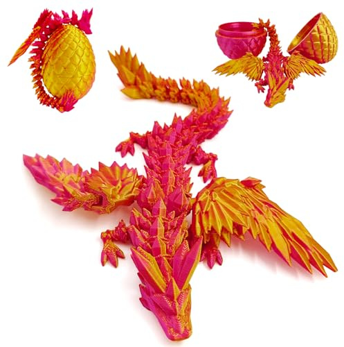 Cuackamily 3D Printed Dragon in Egg, Detachable Winged Dragon Inside Surprise Egg, Articulated Crystal Flexible Joints Toy Kids Adults Easter Christmas Birthdays Holiday Decorations (Orange Red)