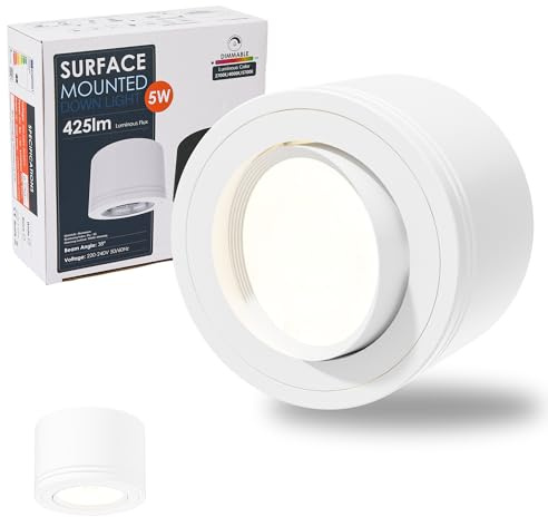 LAMPELIP 2x LED Aufbauspots Dimmbar 230V – 3 Farbtemperaturen 2700K/4000K/5700K – Extra Flach Ø80×50mm, 30° Schwenkbar, inkl. 5W LED Modul – Aufputz Deckenspots Weiß