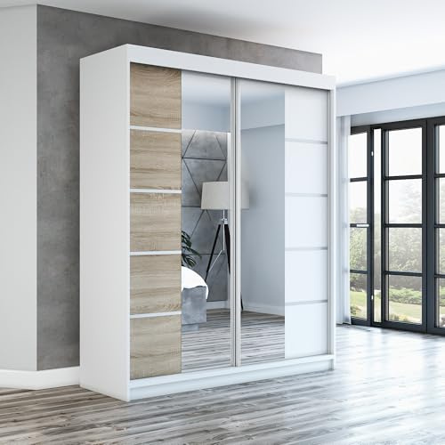 A&J MöbelLand Schwebetürenschrank ERA Kleiderschrank 2-türig mit Spiegel, Garderobe 180 cm (Weiß/Sonoma/Weiß)
