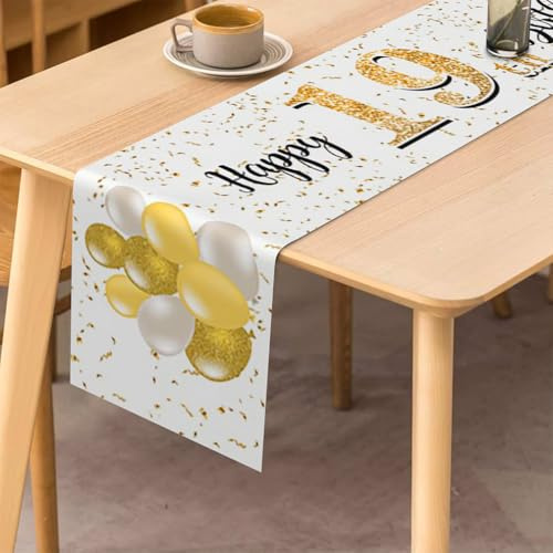 Happy 19th Birthday Table Runner, Boys 19th Birthday Decoration Kitchen Dining Table Decoration Table Runner Birthday Party Tablecloth Decoration, White and Gold