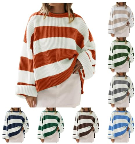 YCBMINGCAN Jersey de punto para mujer, a rayas, vintage, oversize, informal, Y2K, para otoño e invierno, punto grueso, manga larga, cuello redondo, jersey de peluche, parte superior