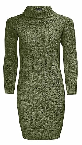 BESTITALIANUK Women's Polo High Neck Long Sleeve Cable Knitted Jumper Dress Ladies Bodycon Mini 8-22 Khaki