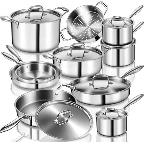 3 Ply 17pcs Stainless Steel Cookware Set, Induction Hob Pots and Pans Sets, Oven Safe | Induction Compatible Frying Pans, Saucepans, Saute Pan & Stock Pot, PFOA, PFOS Free