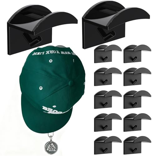 : GaoBangM 12 Pack Self Adhesive Hat Holder Cap Hooks Hat Rack for Wall | No Drilling Strong Self Adhesive Black Hat Hangers Organizer for Baseball Caps, Visors Hats Storage for Bedroom Closet Office