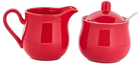 Sharplace Sucrier et crémier en céramique avec couvercle et cuillère - Service à café pratique, robuste élégant pour la maison, Rouge