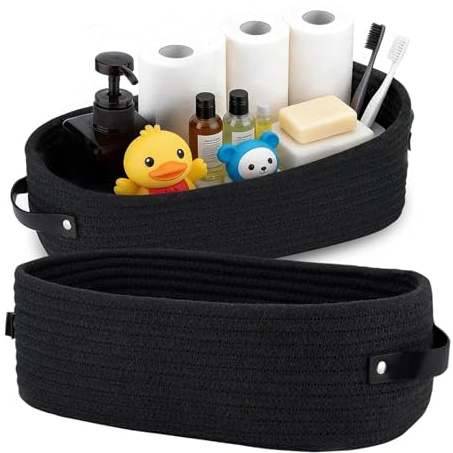 AMONENZ 2 Stück Aufbewahrungskorb Geflochten, 28 x 10 x 10 cm Körbchen Aufbewahrung mit Griff, Baumwollseil Geflochtener Korb, Schwarz Baumwollkorb, für Badezimmer, Wohnzimmer, Schlafzimmer