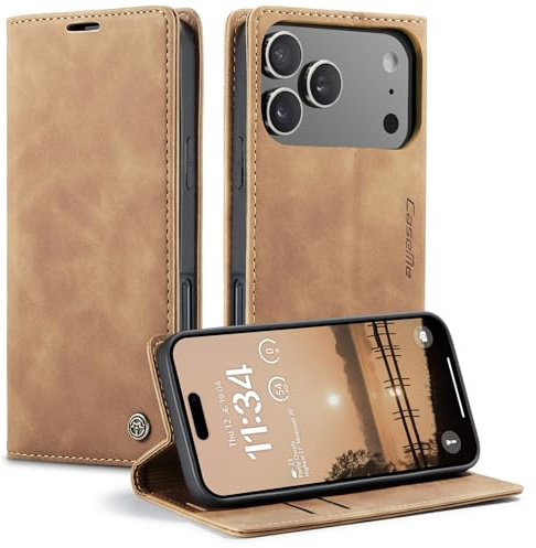 Ottcooed Skal för iPhone 17 Pro, premium PU-läder flip Läder Vikbart Skyddande Fodral Plånbok [Hölster med klaff, Magnetisk, kortfack ] Wallet Case Cover för iPhone 17 Pro, Brun