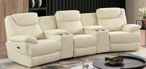 MAPO 3581 3-Sitzer Kinosofa elektrisch verstellbar | Heimkino Relaxsofa aus Leder mit Cupholder | Rückenlehne, Fuß- & Kopfstütze | Creme-Weiß
