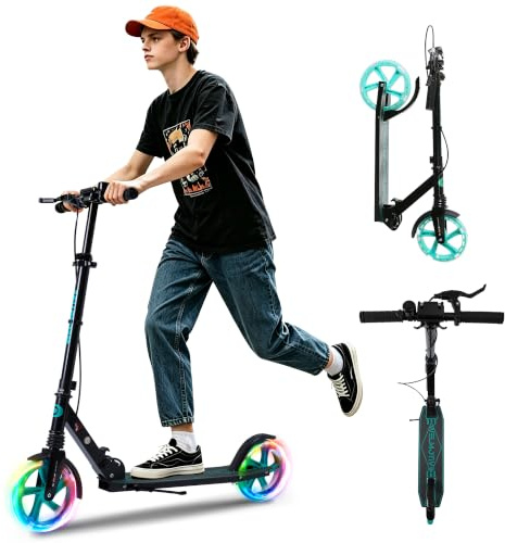 Welmotive Cityroller klappbar & höhenverstellbar mit Handbremse – Aluminium Scooter mit LED-Rädern & Ständer, bis 100 kg belastbar, Stabiler Tretroller für Kinder & Erwachsene