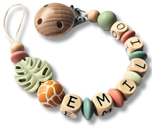 Eloni® Personalisierte Baby Geschenk mit Namen, Holz und Silikon Perlen, Safari Design mit Monstera Blatt, Babygeschenk