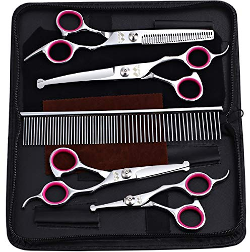iSeaFly Hunde Schere mit Rundspitze, 5 in 1 Hundescheren Set, Edelstahl Katze Fellpflege Schere, Fellschere Hunde für Ganzkörper, Gesicht, Nase, Ohr (Rosa)