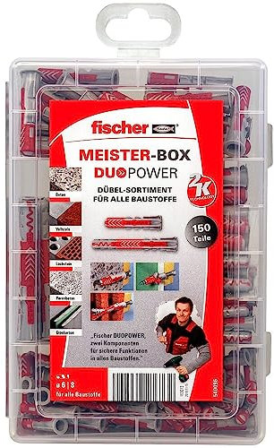 fischer Meister-BOX DUOPOWER corto/lungo, scatola con tasselli da 150 pezzi (60 pezzi, 6 x 30, 40 pezzi, 8 x 40, 30 pezzi, 6 x 50, 20 pezzi, 8 x 65), tasselli universali, pratica scatola per tasselli