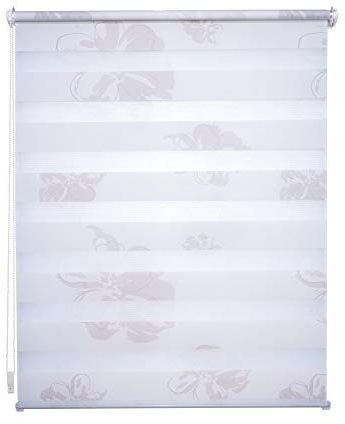 Klemmfix Doppelrollo weiß mit Druck Blume - Breite 40 bis 120 cm, Länge 150 cm BZW. 210 cm - Duo - Rollo ohne zu Bohren (80 x 210 cm)