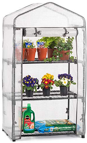 Christow Mini Greenhouse 3 Tier, Small Portable Garden Growhouse, Reinforced PE Plastic Cover, Heavy Duty Steel Frame, Three Shelves With Clips, Compact Size H125cm x W69cm x D49cm