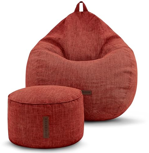Green Bean Indoor Sitzsack Home Linen + Hocker mit EPS-Perlen Füllung - Sitz-Pouf Bodenkissen Liegekissen Sitzkissen Lounge Chair Sitzhocker Relax-Sessel Bean Bag Rot