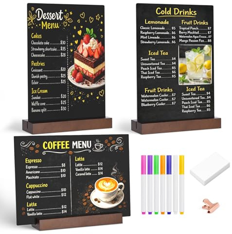 Kivsty Tabletop Chalkboard with Wood Stand - 3 Pack, 8 x 12 Inch Double Sided Blackboard Food Signs Menu Message Boards for Coffee Bar, Lemonade Stand, Party Decoration - Vertical Back