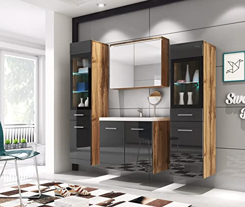 PIASKI Ensemble de Meubles de Salle de Bain Udine, Lavabo Inclus, Ensemble de Meubles de Salle de Bain, Armoire Haute, Meuble de lavabo