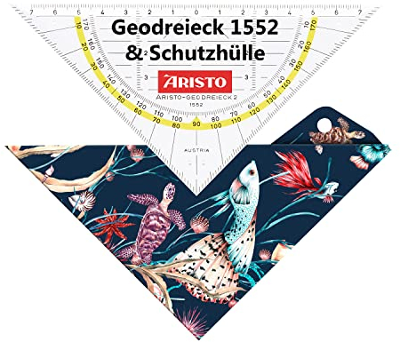 Aristo AR18002B Geodreieck AR1552 mit passender Geocover Schutzhülle marine life (Dreieck Hypotenuse 16 cm, Tuschenoppen und Facetten, Hülle mit Lochung zum Abheften) mehrfarbig & transparent
